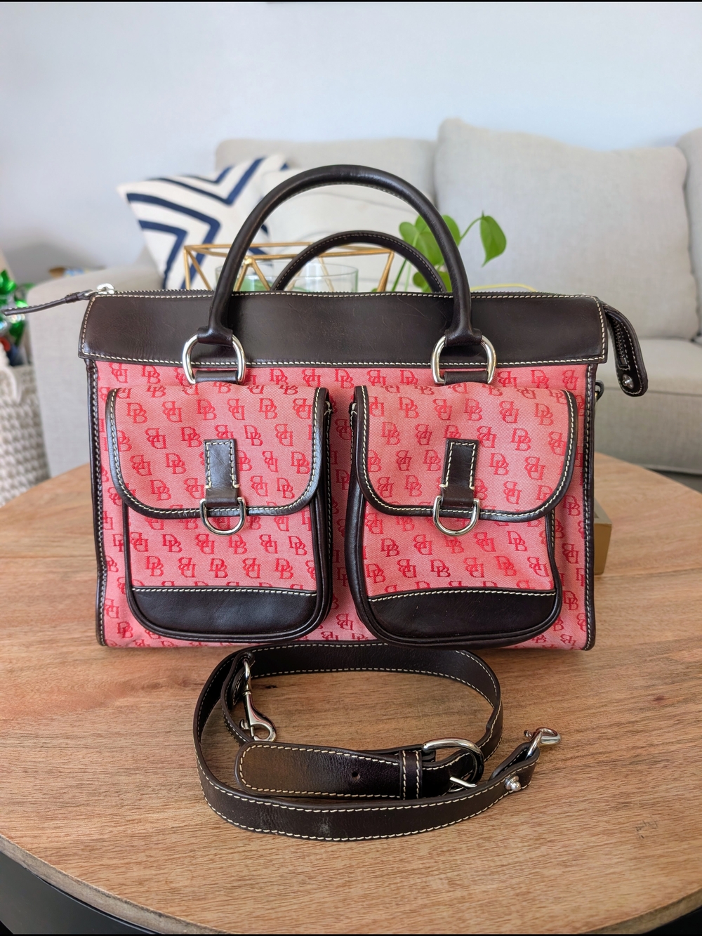 Dooney & Bourke Pink Coral Logo Satchel with Dark Brown Trim